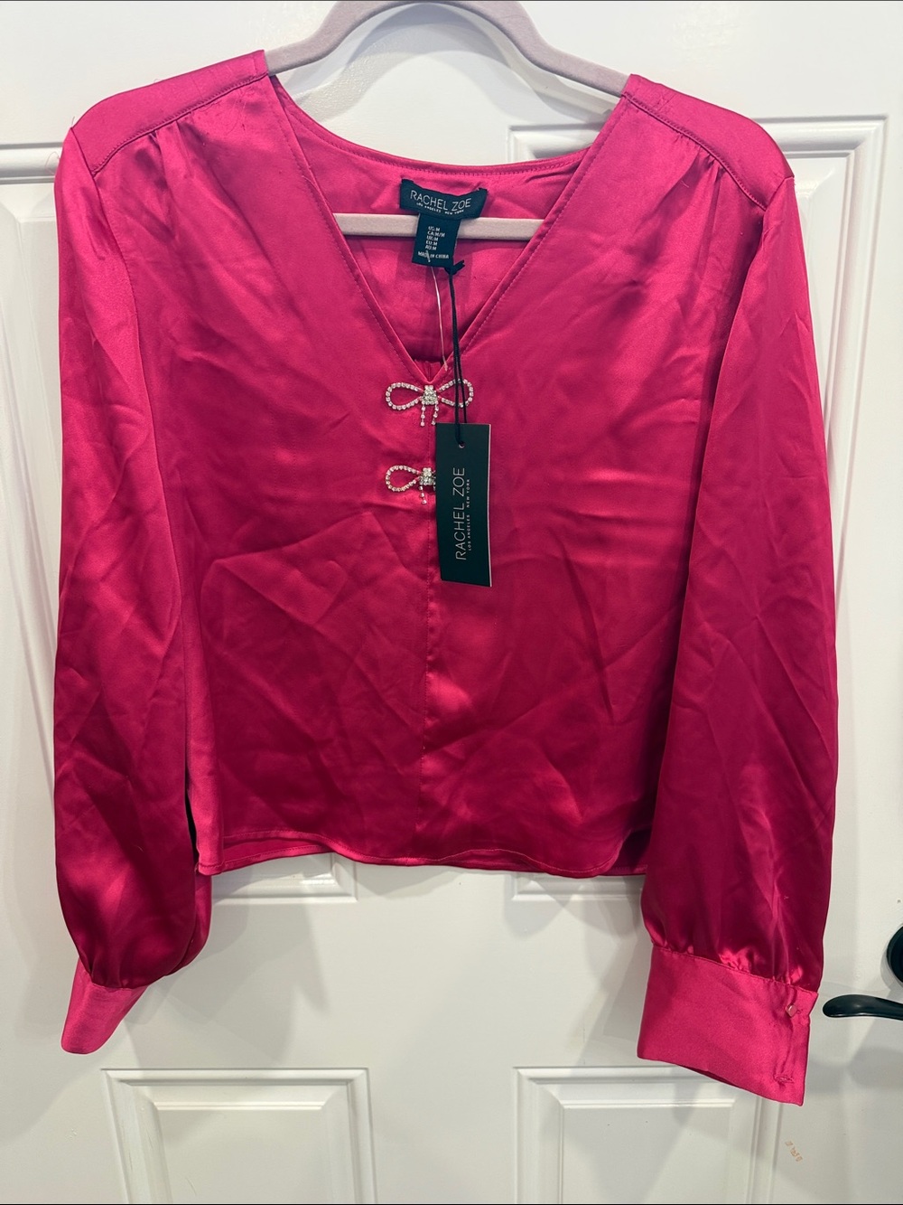 Rachel Zoe Hot Pink Satin V-Neck Blouse with Rhinestone Loop Closures